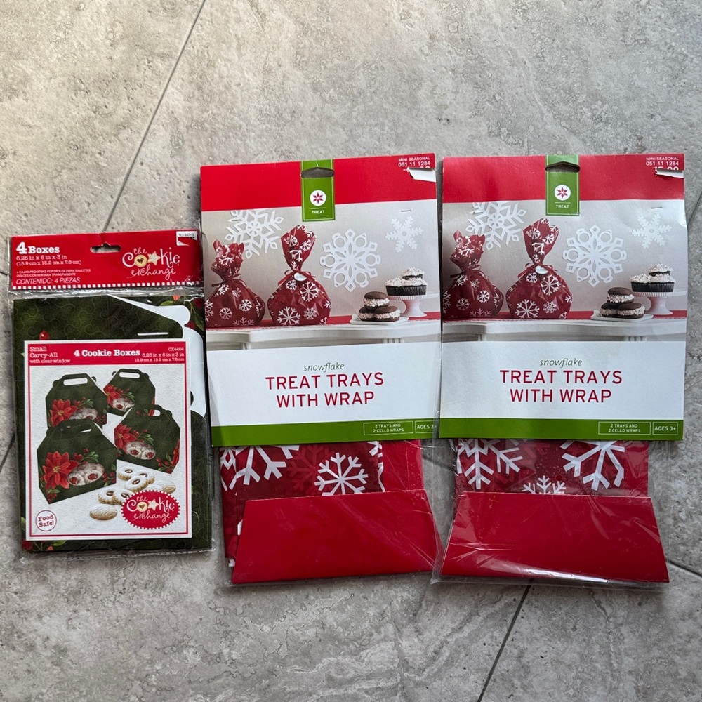 Assorted treat trays and cookie boxes. Never opened. Non smoker home.